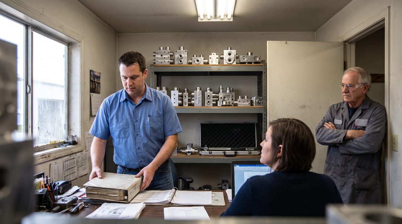 Generated fictional course photograph: in a machine shop quality office, a plant manager sets a thick binder on the quality manager's desk while an older inspector watches from the doorway, arms folded