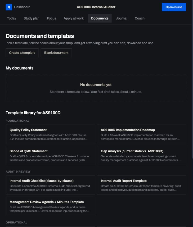 Course Hub: a real screen from AS9100D Internal Auditor