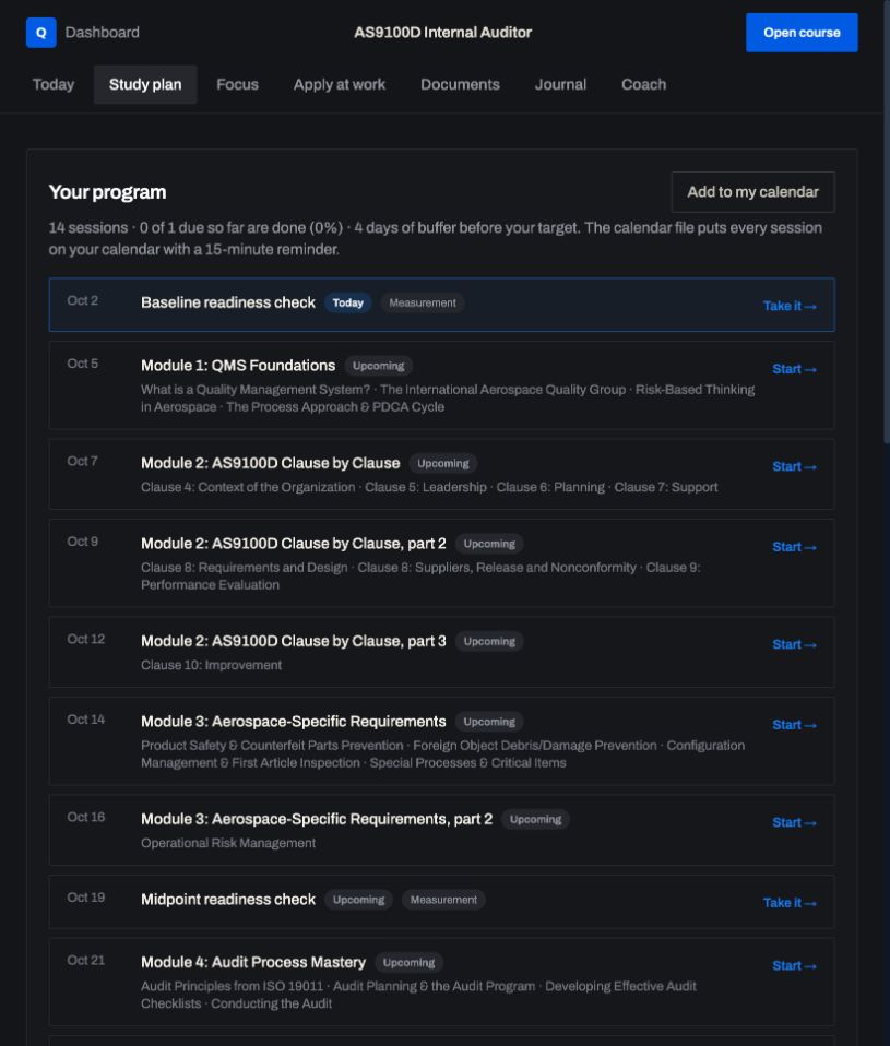 Study plan: a real screen from AS9100D Internal Auditor