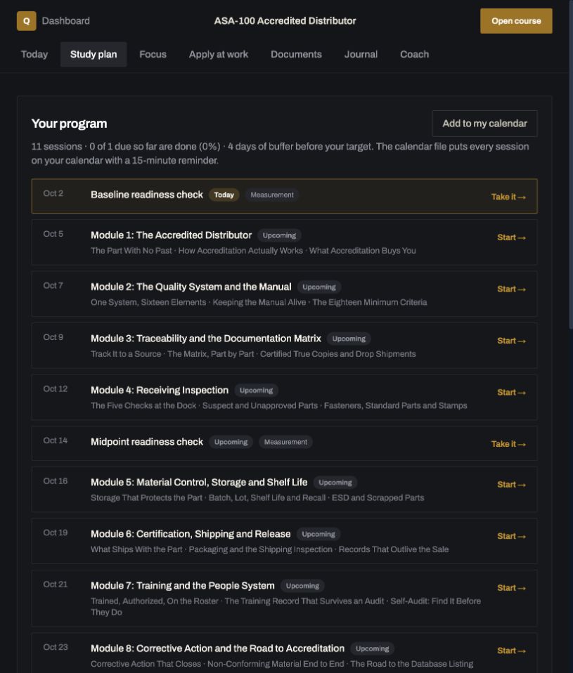 Study plan: a real screen from ASA-100 Accredited Distributor