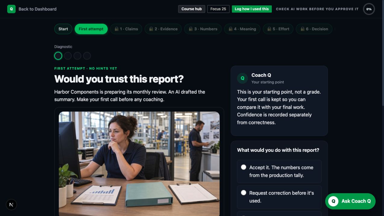 C01 first-attempt lesson: review a fictional AI report and record a decision before coaching