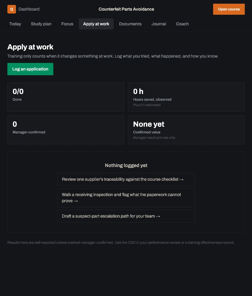 Apply at work: a real screen from Counterfeit Parts Avoidance