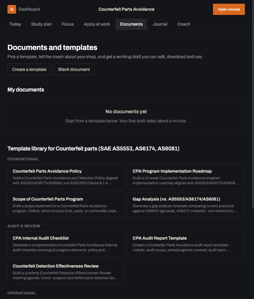 Course Hub: a real screen from Counterfeit Parts Avoidance