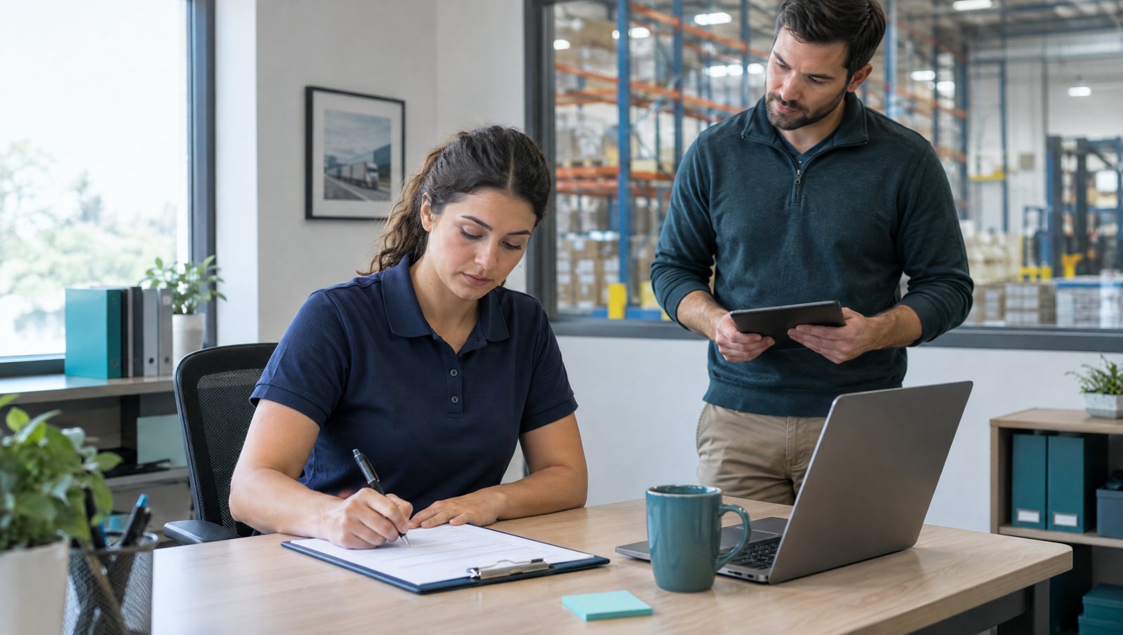 Generated fictional course photograph: a coordinator prepares a task brief for a colleague at a warehouse desk