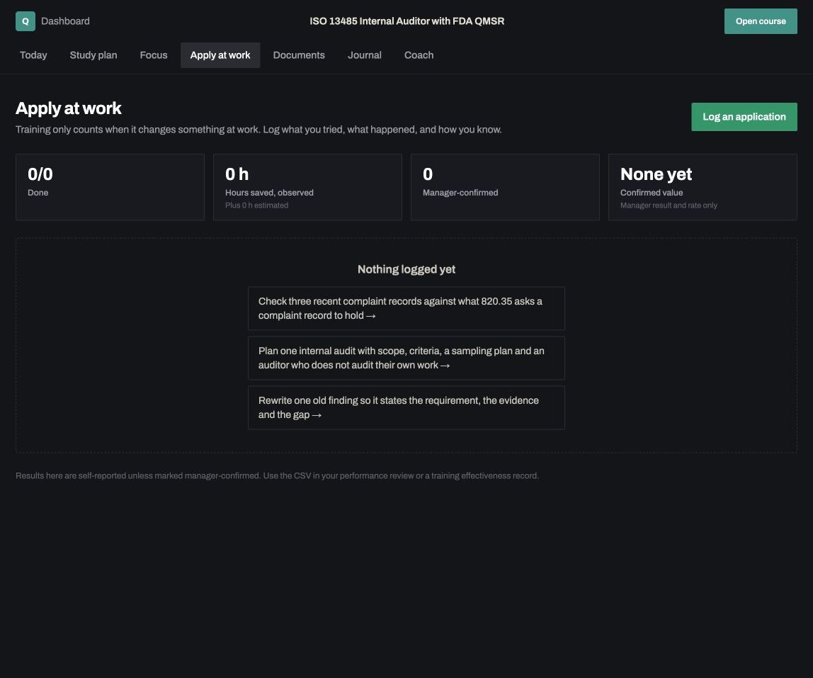 Apply at work: a real screen from ISO 13485 Internal Auditor with FDA QMSR