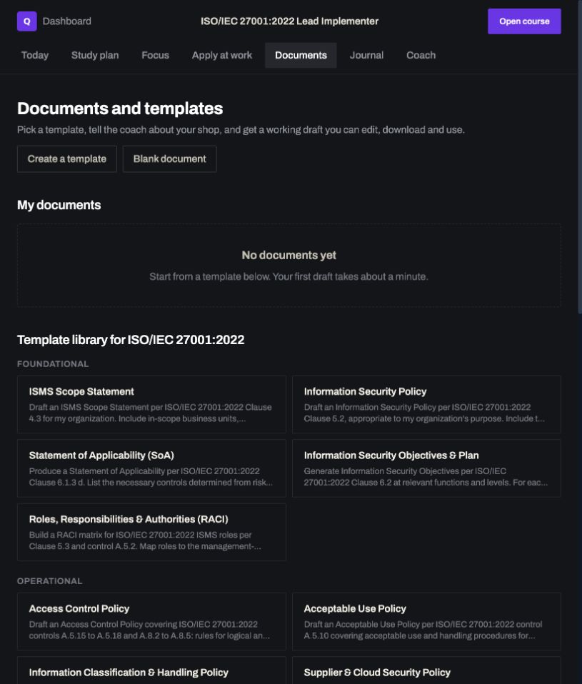 Course Hub: a real screen from ISO 27001 Lead Implementer