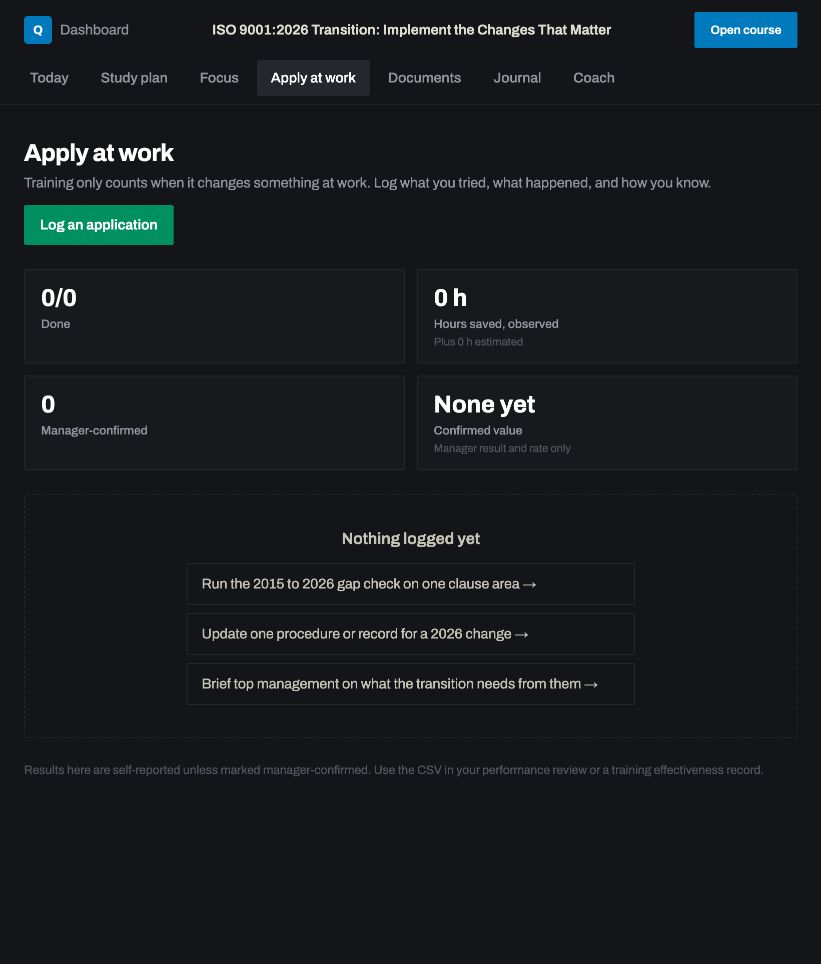 Apply at work: a real screen from ISO 9001:2026 Transition