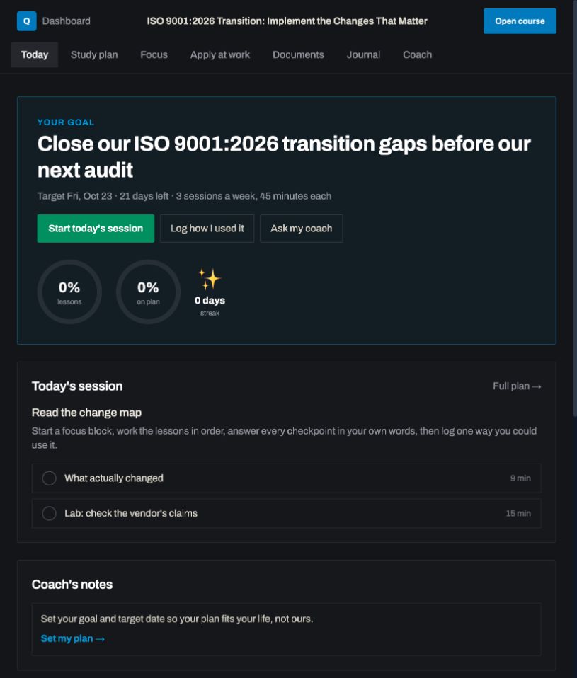 Today view: a real screen from ISO 9001:2026 Transition