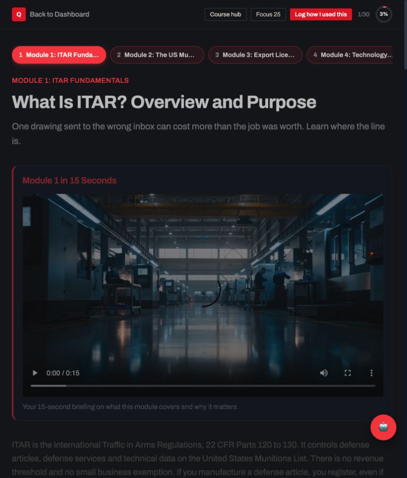 Lesson 1 of ITAR Compliance, a real screen from the course