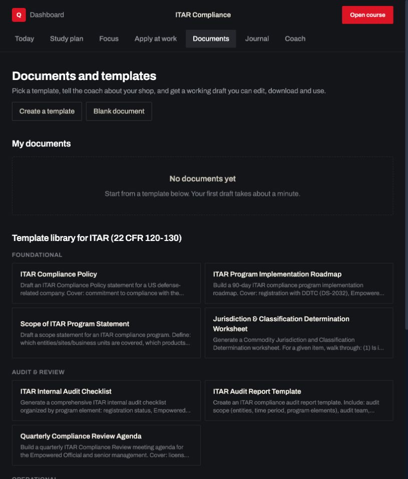 Course Hub: a real screen from ITAR Compliance