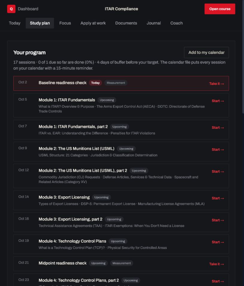 Study plan: a real screen from ITAR Compliance
