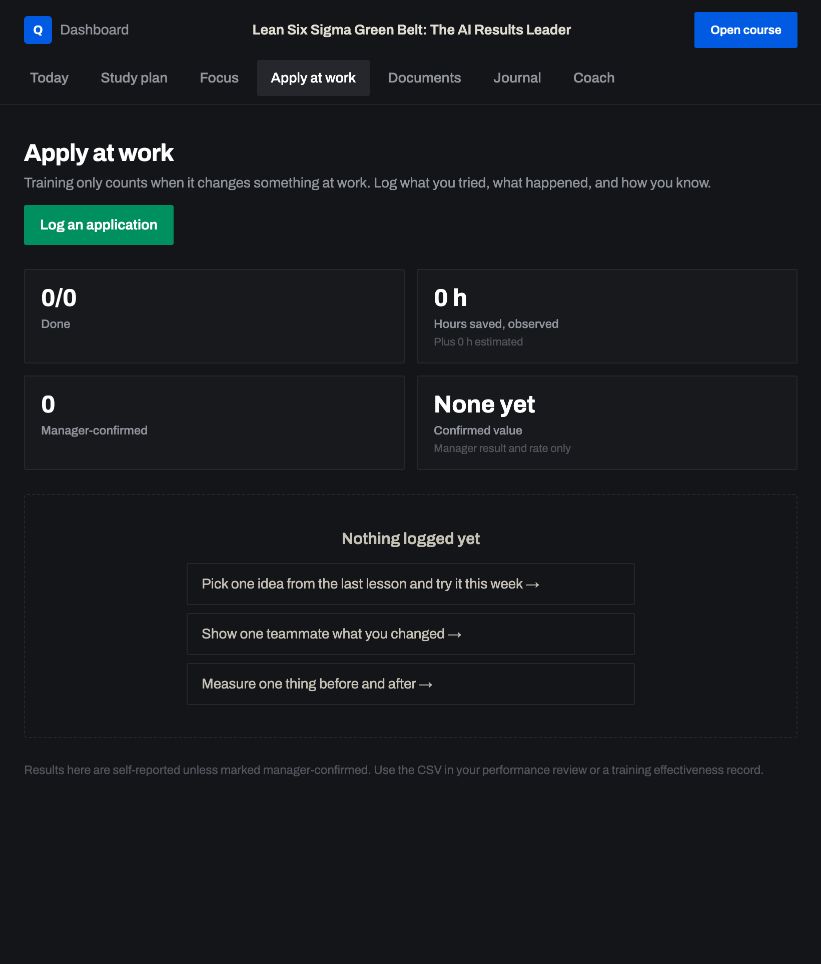 Apply at work: a real screen from Lean Six Sigma Green Belt