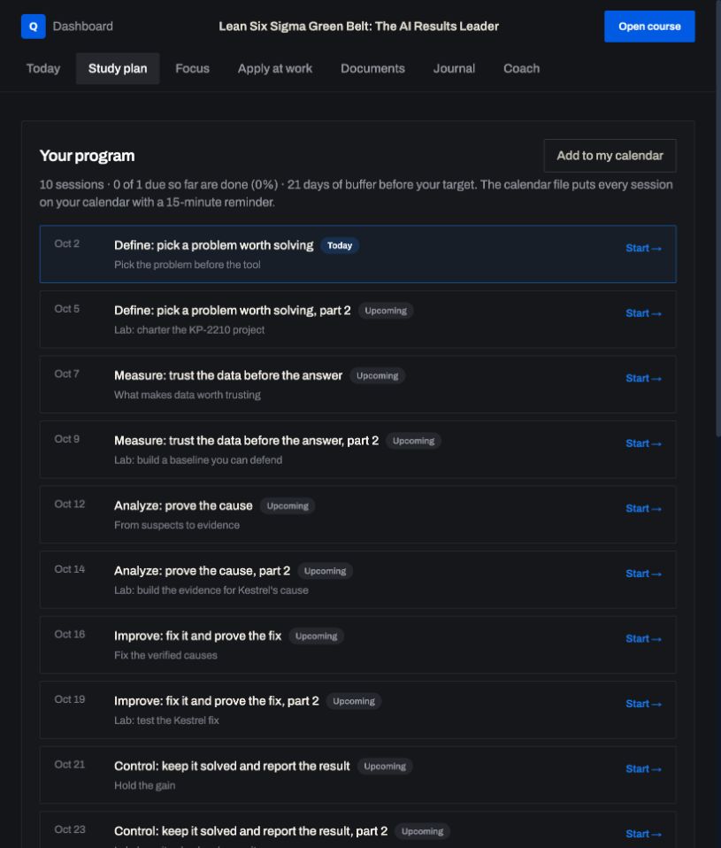 Study plan: a real screen from Lean Six Sigma Green Belt