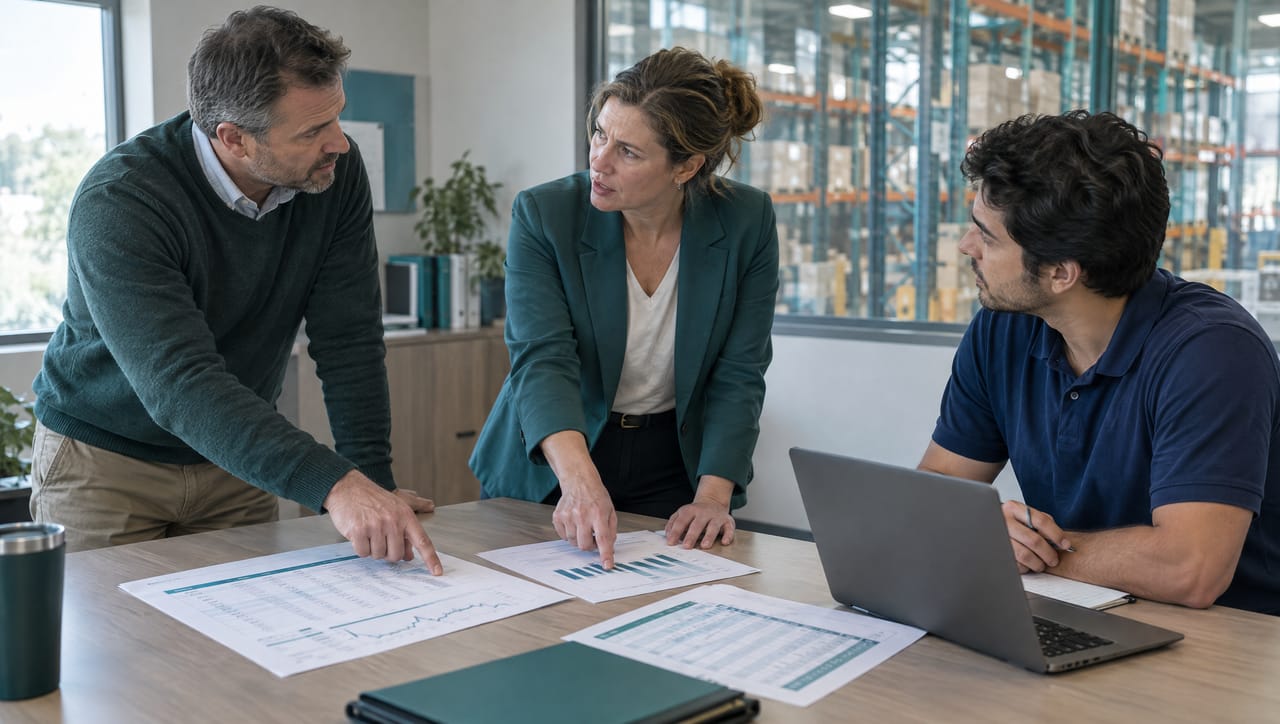 Generated fictional course photograph: two managers compare a printed weekly report and a page of order volumes while an analyst listens