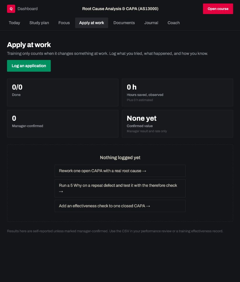 Apply at work: a real screen from Root Cause Analysis and CAPA