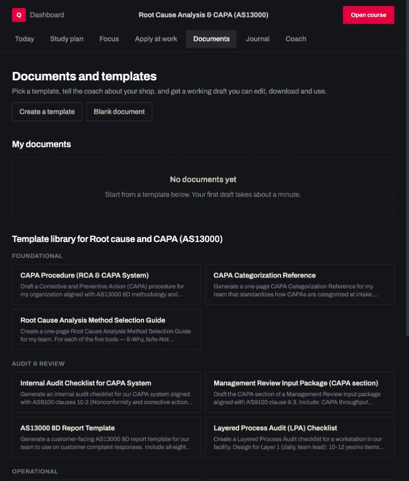 Course Hub: a real screen from Root Cause Analysis and CAPA