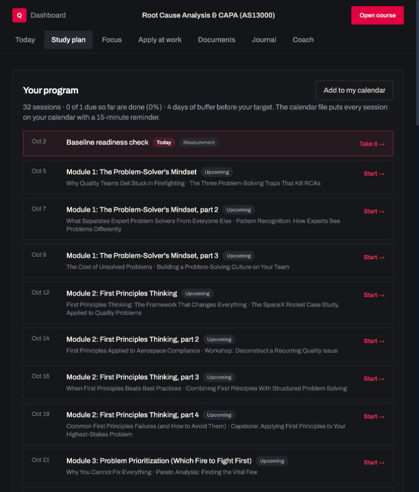 Study plan: a real screen from Root Cause Analysis and CAPA