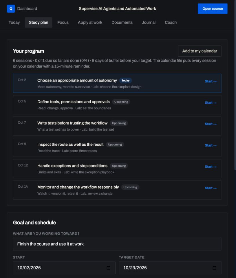 Study plan: a real screen from Supervise AI Agents and Automated Work
