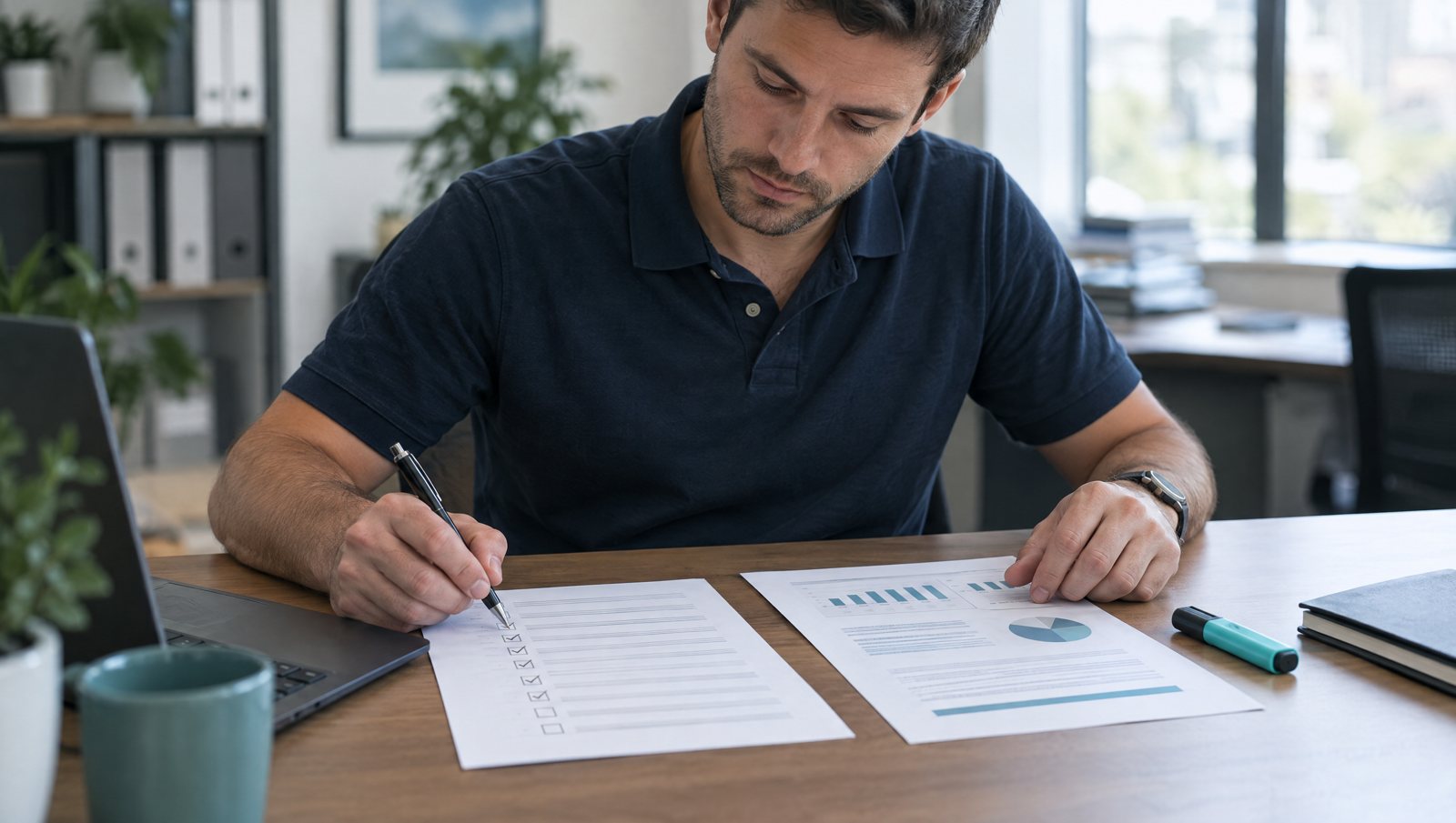 Generated fictional workplace photograph: a reviewer compares a printed checklist with a report